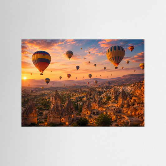 Poster mit Heißluftballons über Felslandschaft bei Sonnenaufgang, Querformat