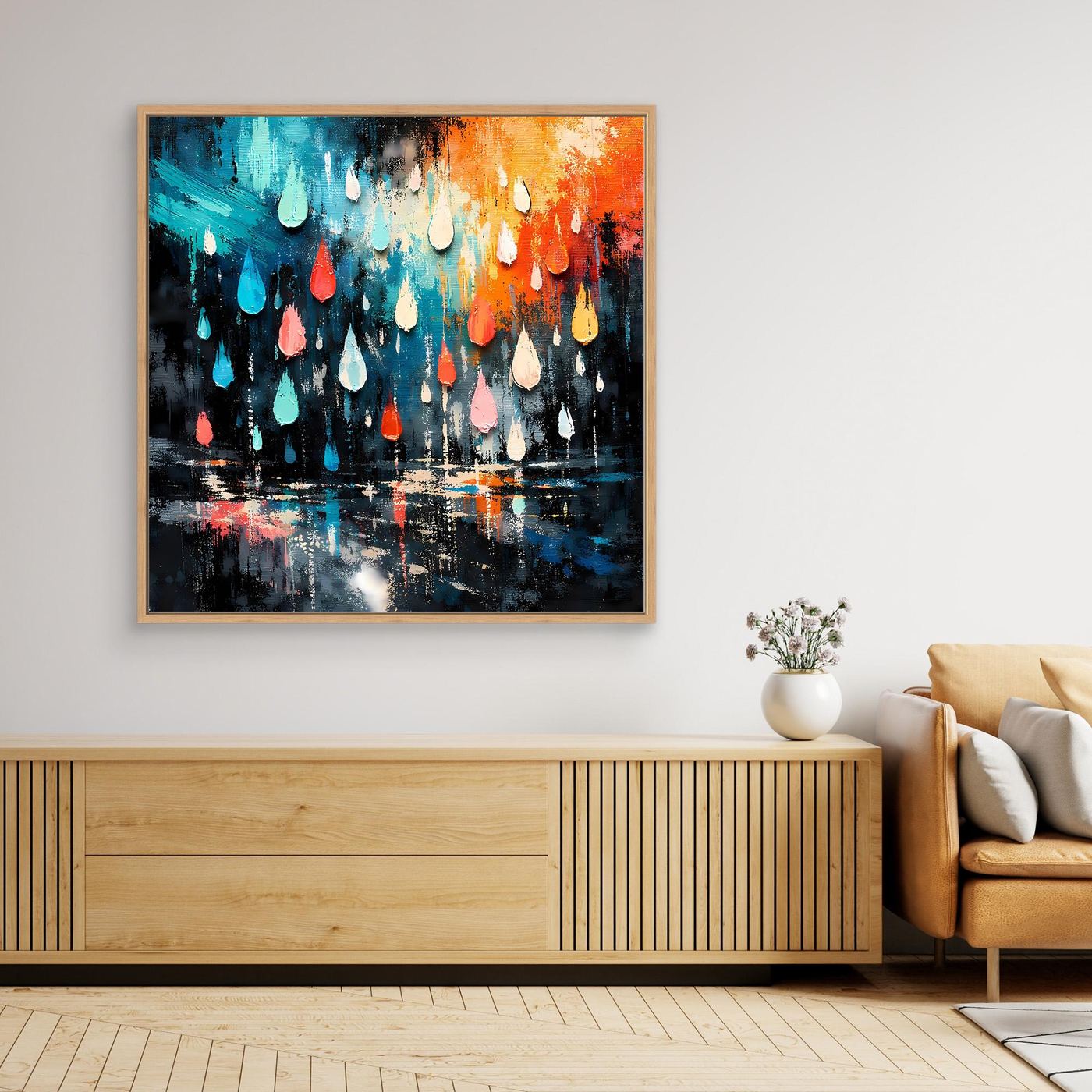 Quadratisches Leinwandbild mit tropfenden Farbklecksen in Blau, Rot und Gelb, goldfarben gerahmt