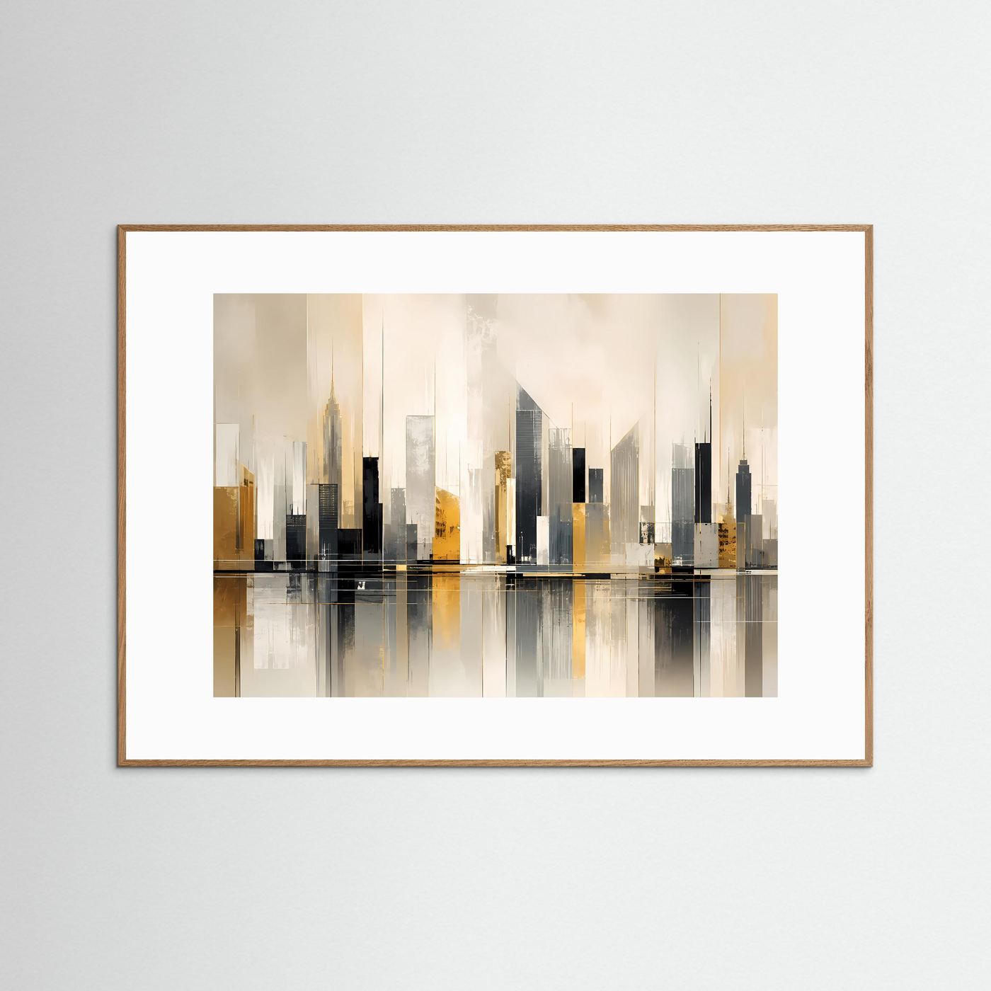 Poster Querformat mit abstrakter Skyline in Beige, Schwarz und Gold, brauner Rahmen