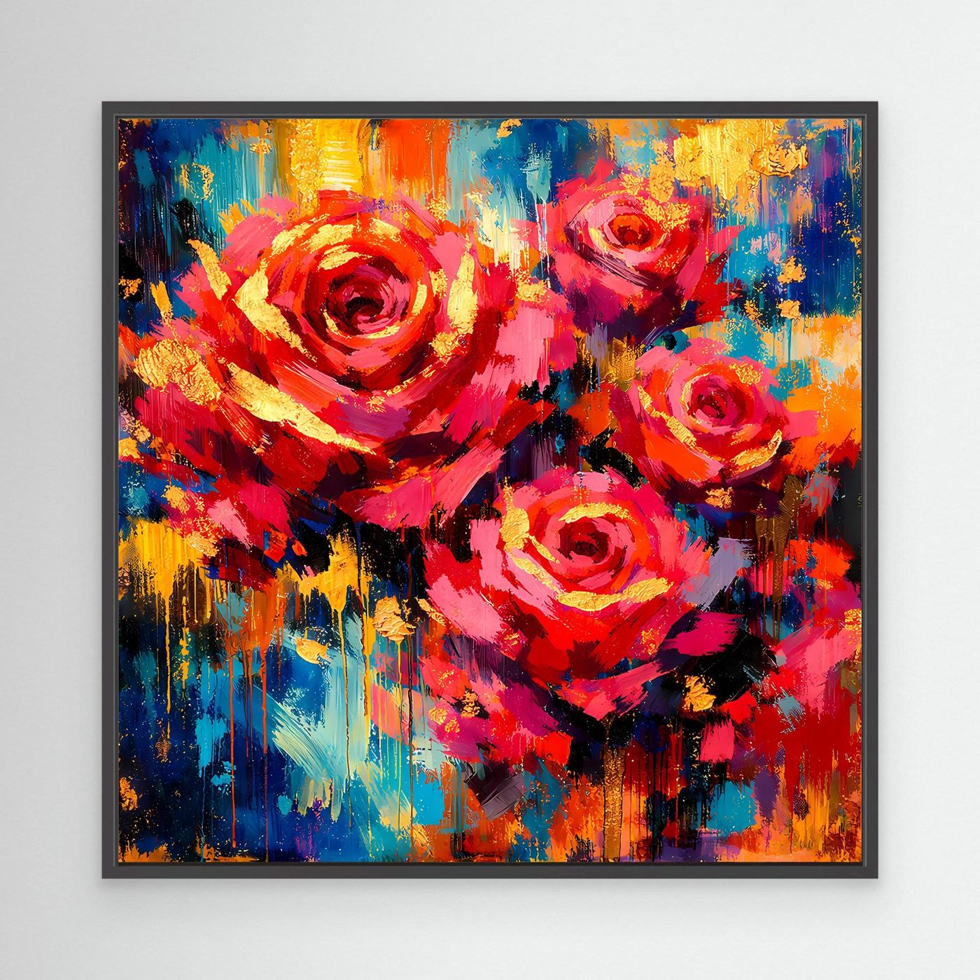 Abstraktes Rosen-Leinwandbild mit schwarzem Rahmen, buntes Pinselstrichmotiv