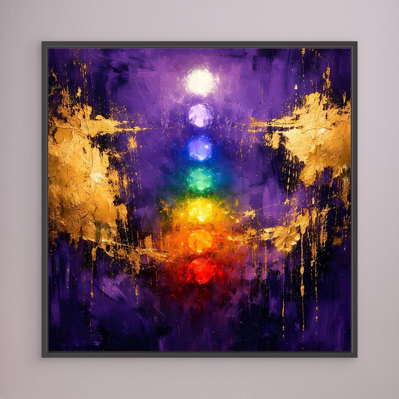 Leinwand Sieben Chakren auf tiefem Violett | Modernes Spirituelles Yoga Wandbild