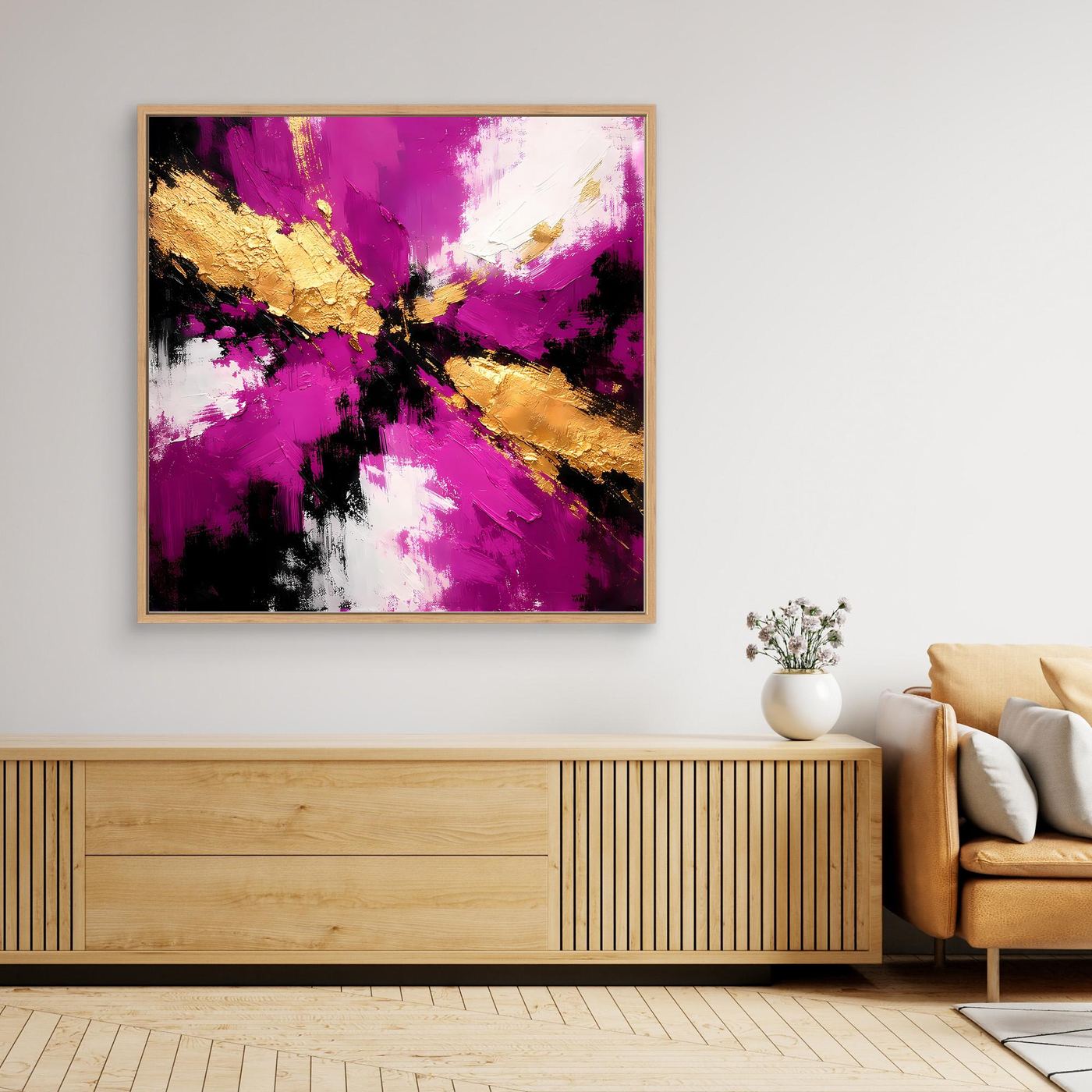 Leinwand Abstraktes Farbenspiel in Magenta und Gold | Modernes Expressives Wandbild