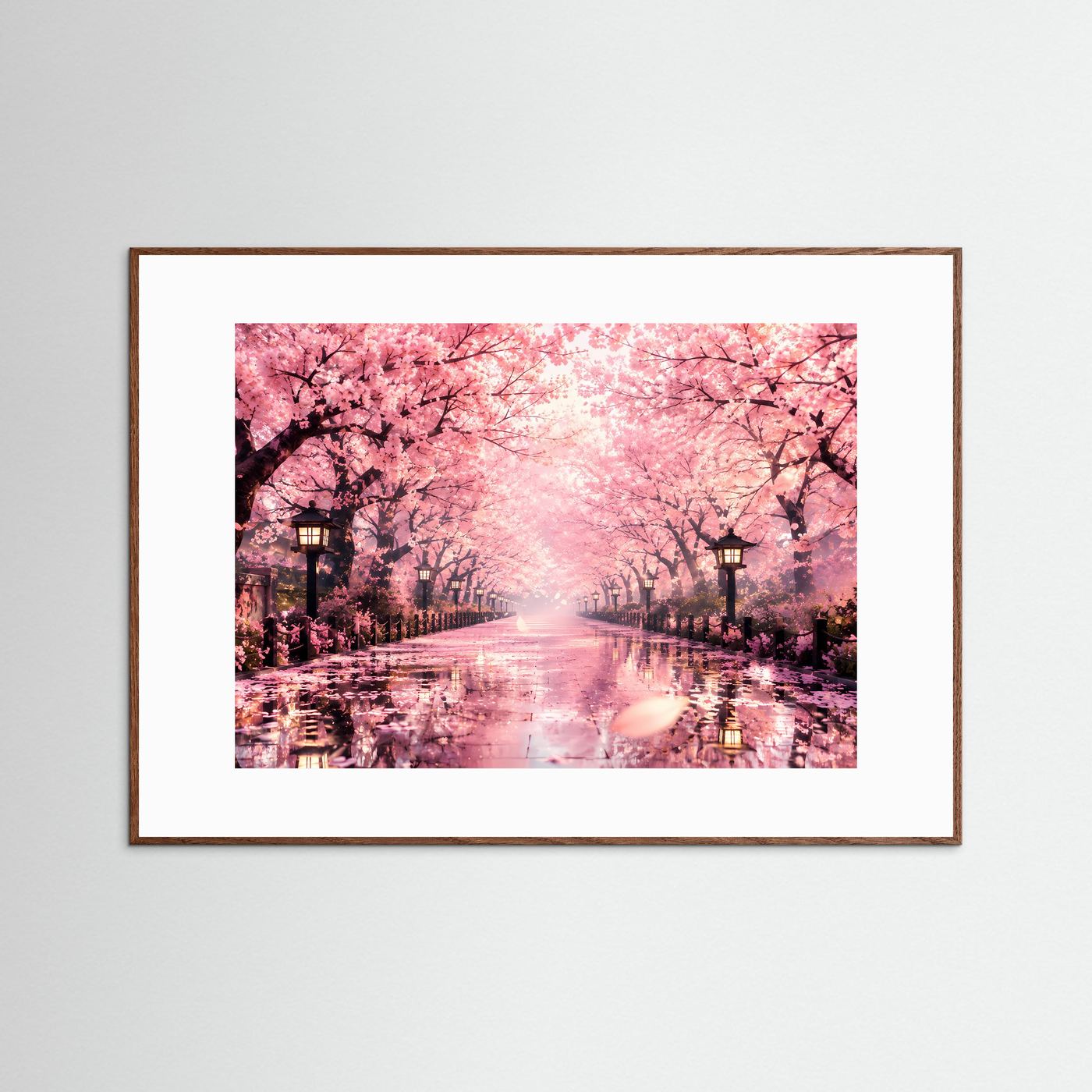 Poster mit Kirschblütenallee, rosa Blüten über Weg, brauner Holzrahmen, weißes Passepartout