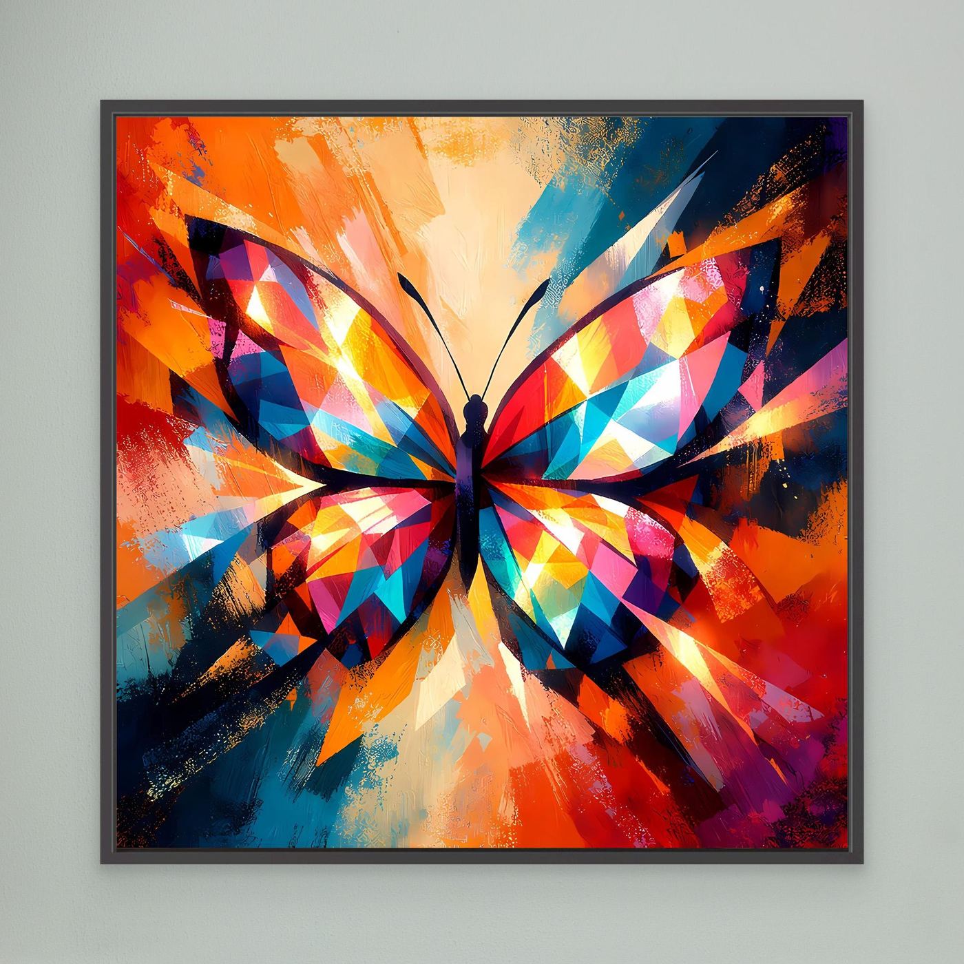 Wandbild mit buntem geometrischem Schmetterling, schwarzer Rahmen