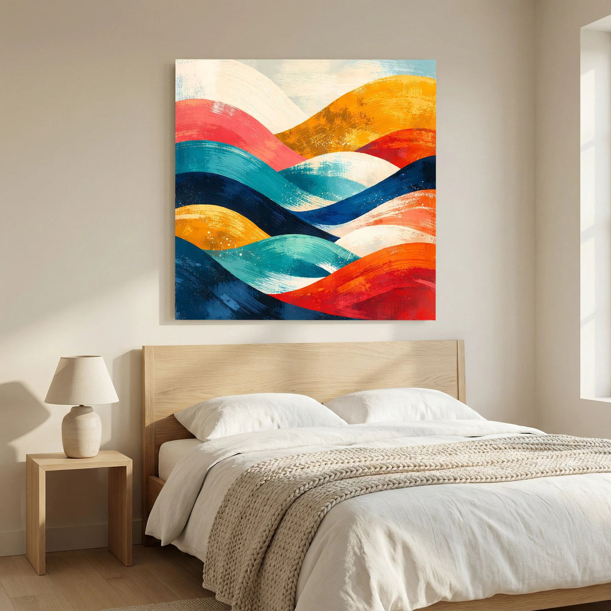 Wandbild mit abstrakten, farbigen Hügelwellen auf Holz-Keilrahmen, quadratisch