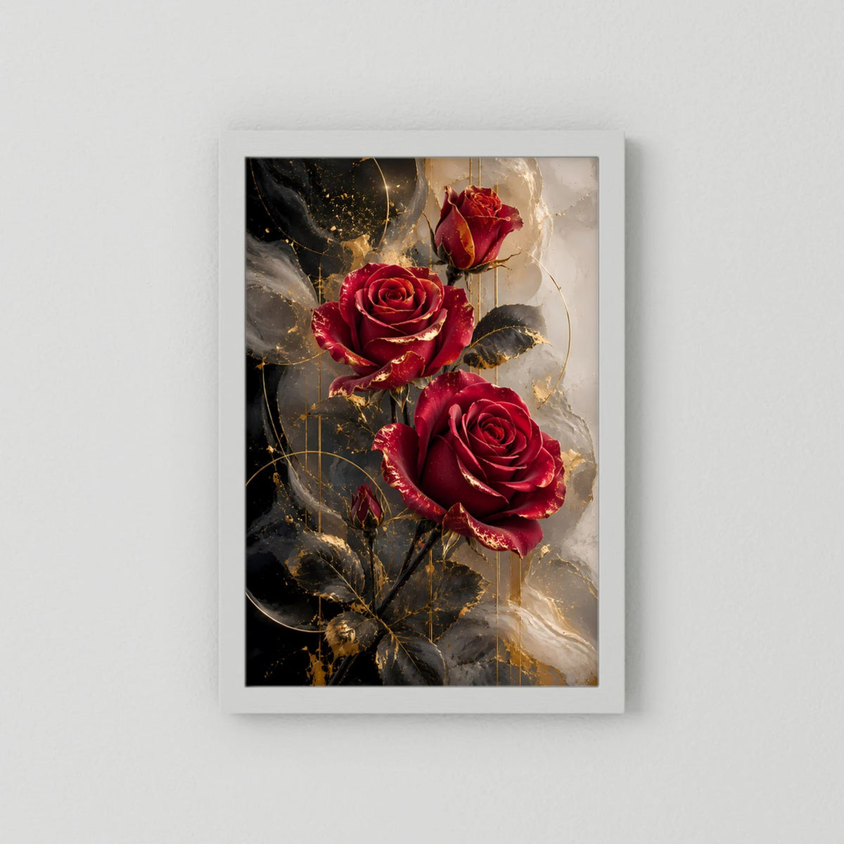 Poster mit rubinroten Rosen und Goldglanz, hochformatig im weißen Rahmen