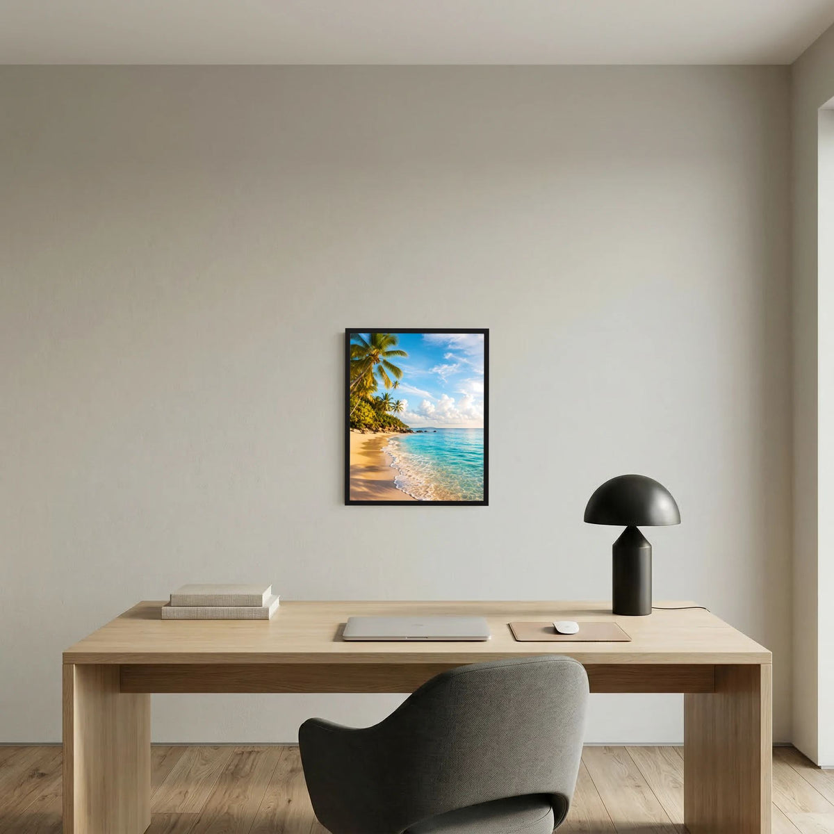 Hochformatiges Strand-Poster mit Palmen im schwarzen Rahmen über Holzschreibtisch