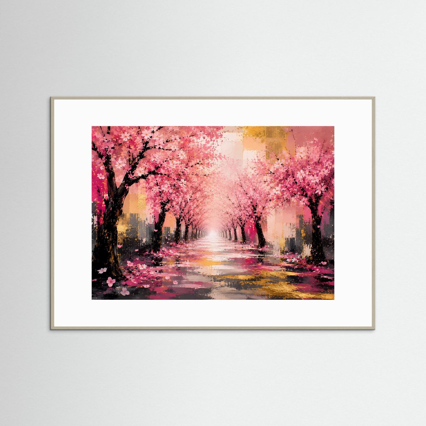 Kirschblütenallee in Rosa & Gold | Abstraktes Frühlings-Wandbild in Premiumqualität