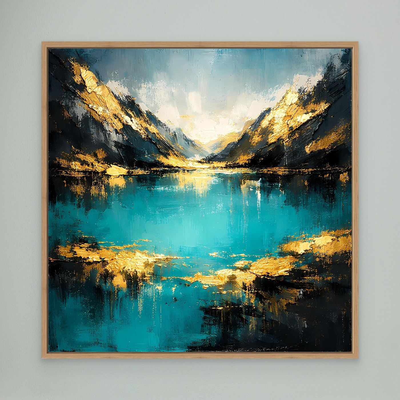 Leinwand-Wandbild mit Bergsee in Türkis und Gold, hellbrauner Holzrahmen
