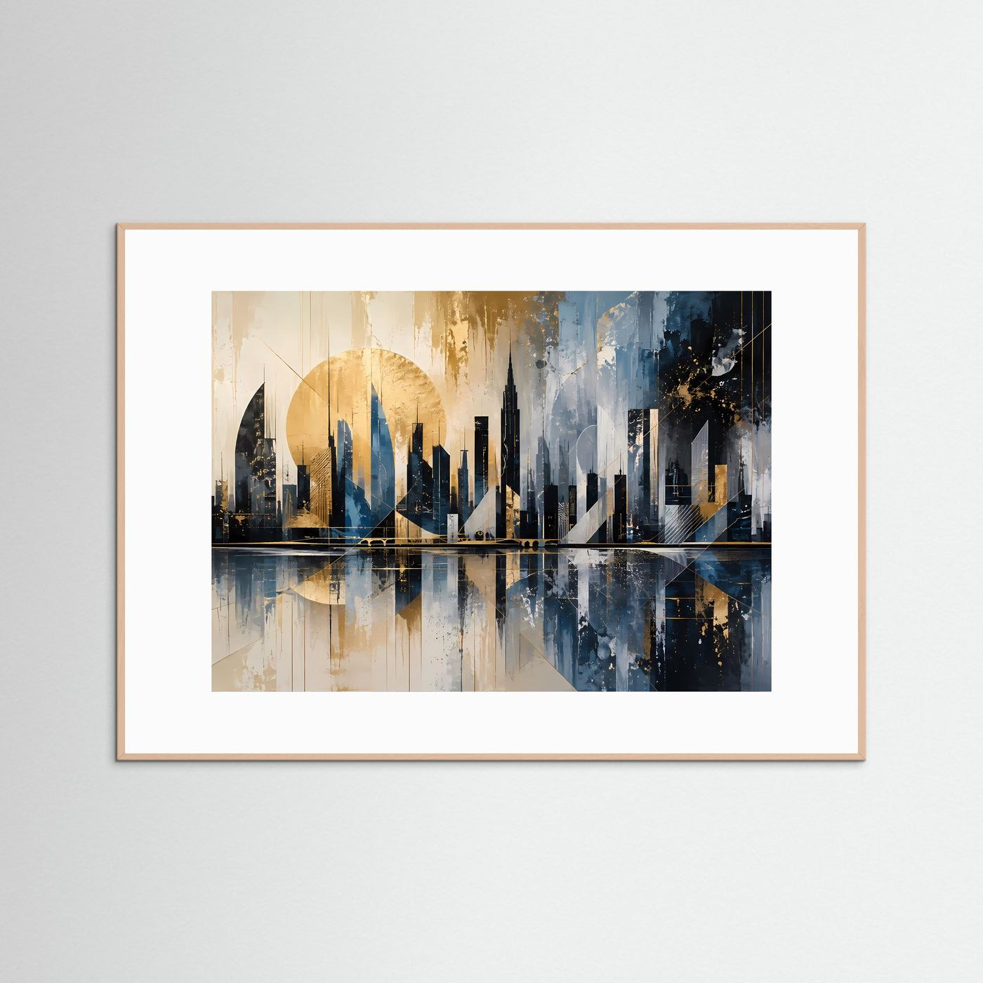 Abstrakte Skyline in Blau, Gold & Schwarz | Moderne Stadtlandschaft mit Spiegelung