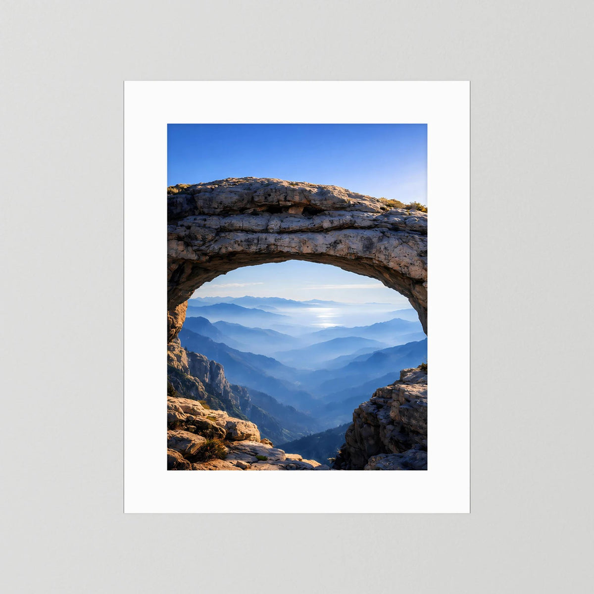 Hochformatiges Poster im weißen Passepartout mit Felsbogen über tiefen Tälern