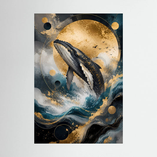 Buckelwal-Kunstposter im Hochformat, abstrakte Wellen und Mond in Gold und Blau