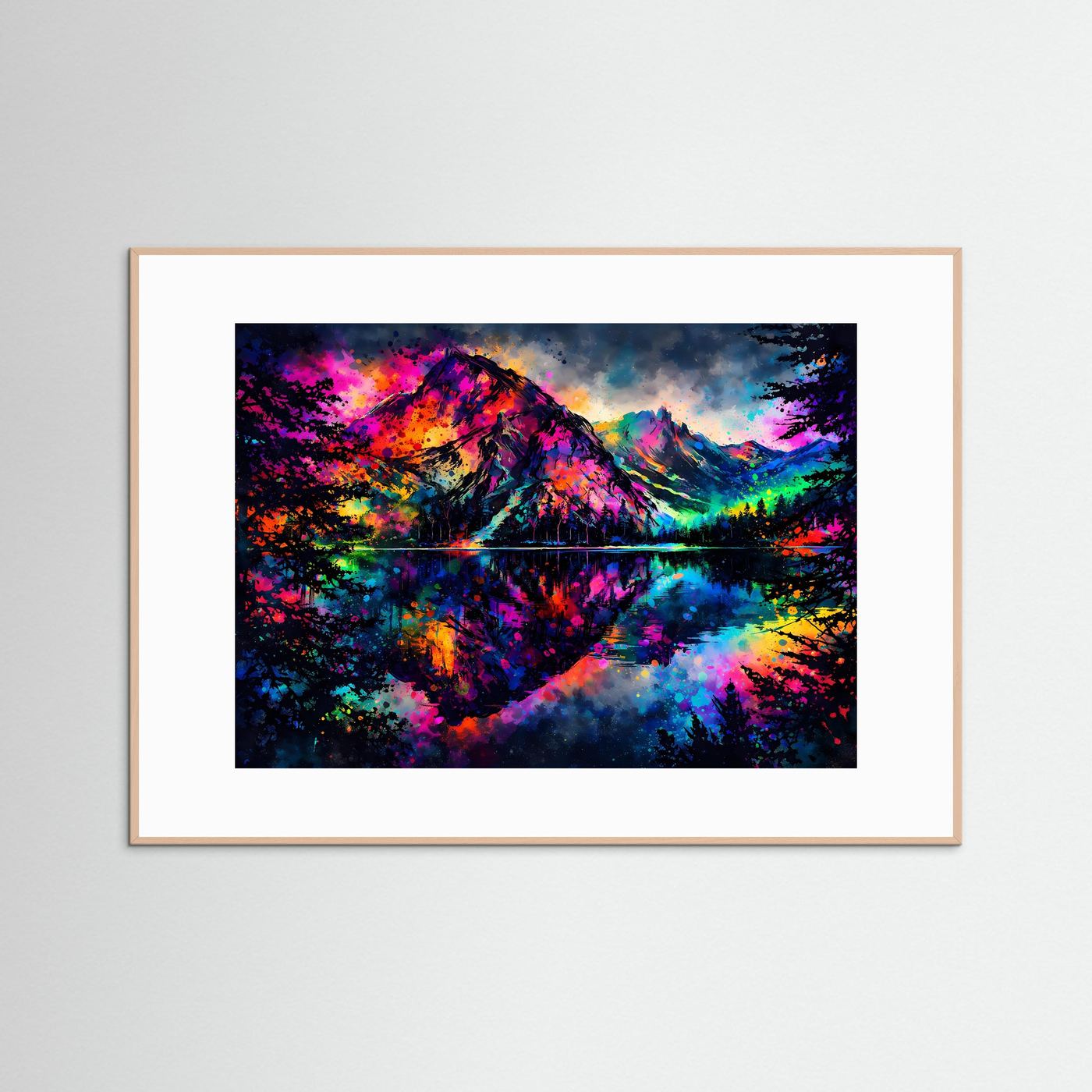 Neon-Splash-Art Poster: Alpen und Spiegelsee, Querformat, heller Holzrahmen