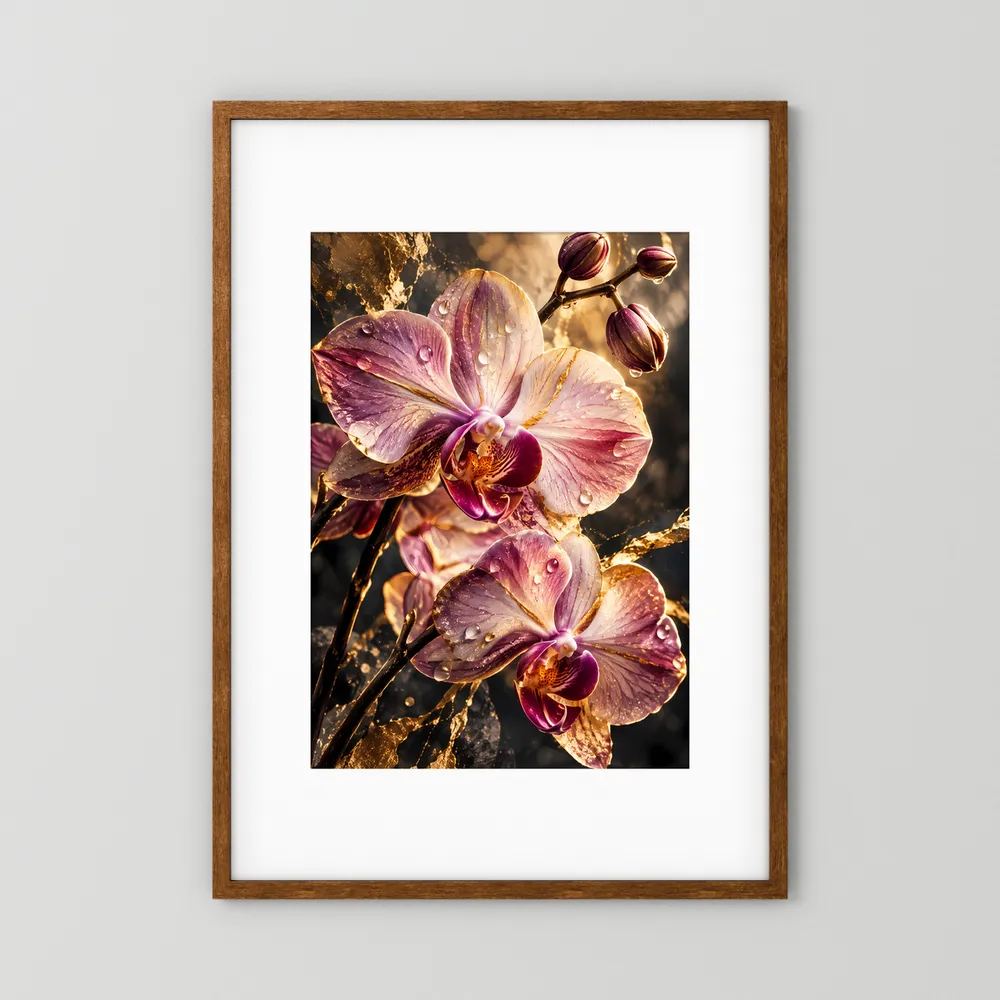 Poster mit violetten Orchideenblüten im Goldglanz, brauner Holzrahmen, Hochformat