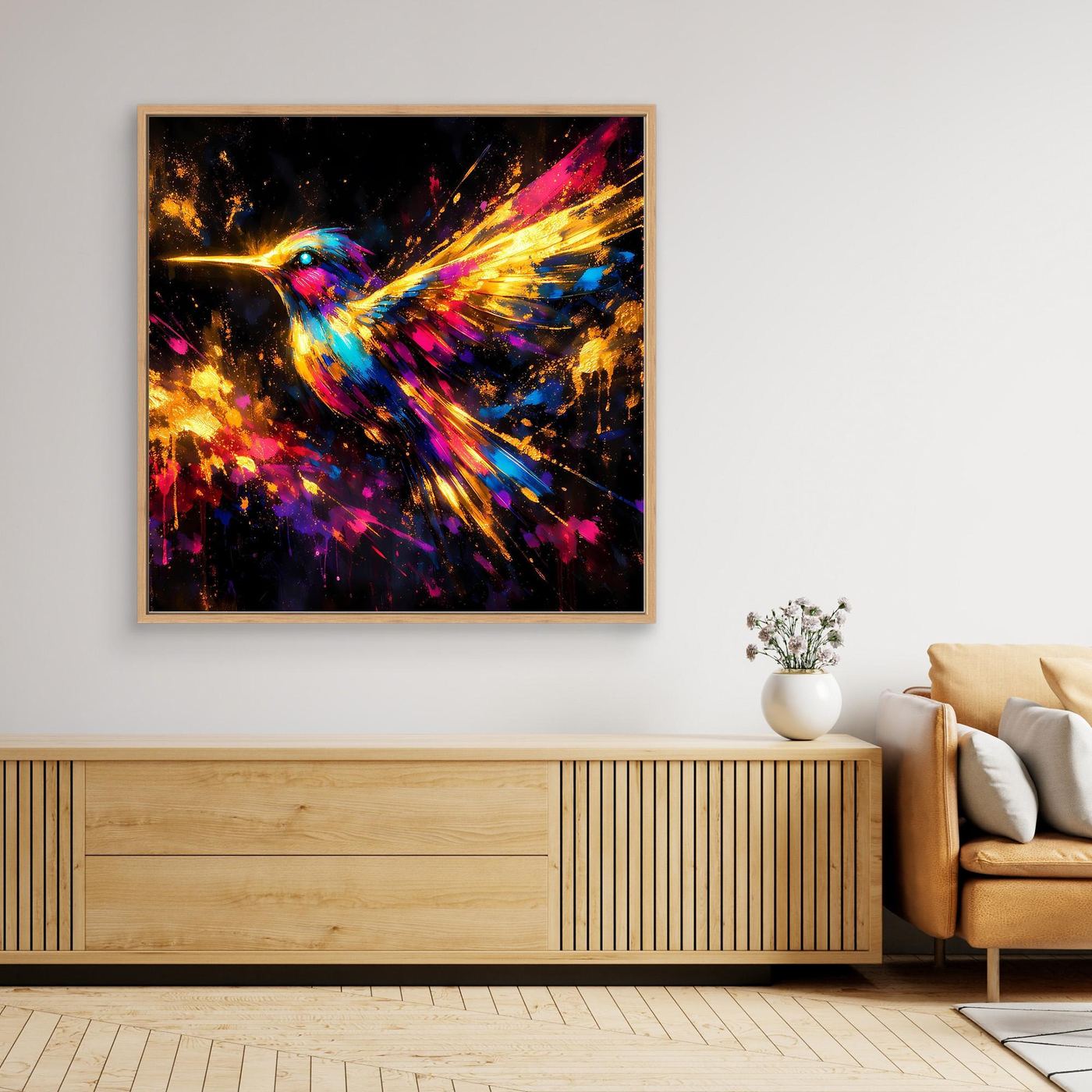 Leinwand Farbenfroher Kolibri im Flug | Abstraktes Modernes Wandbild Bunt
