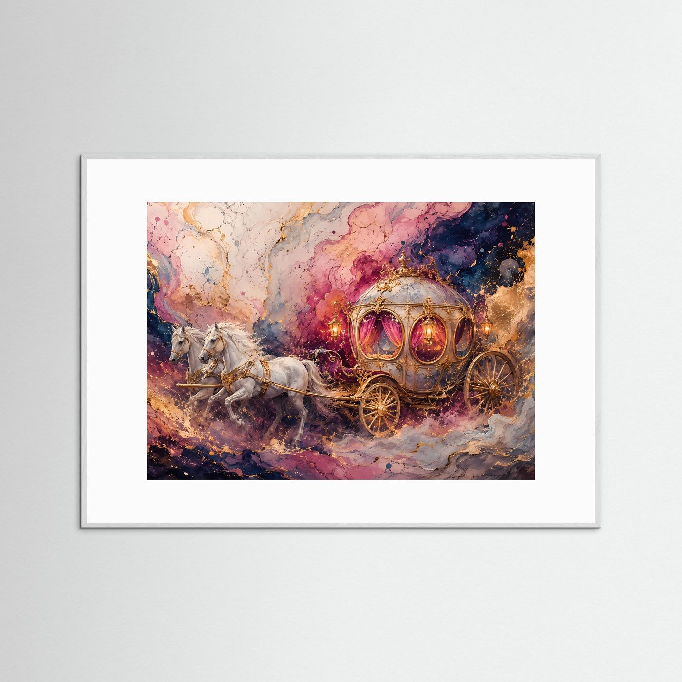 Märchenhafte Kutsche mit weißen Pferden | Fantasy Kunst in Rosa & Gold