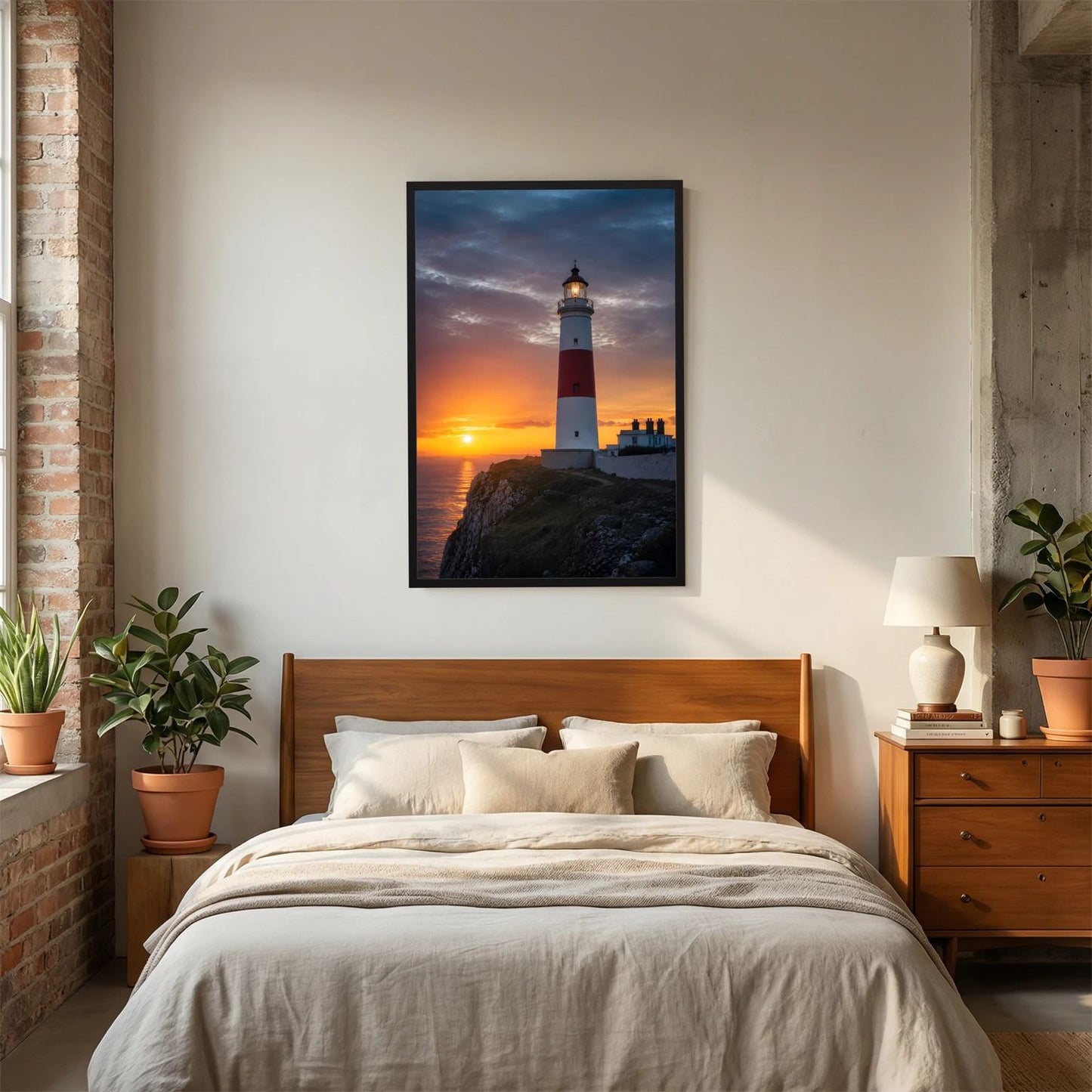 Wandposter mit Leuchtturm am Meer bei Sonnenuntergang, schwarzer Rahmen