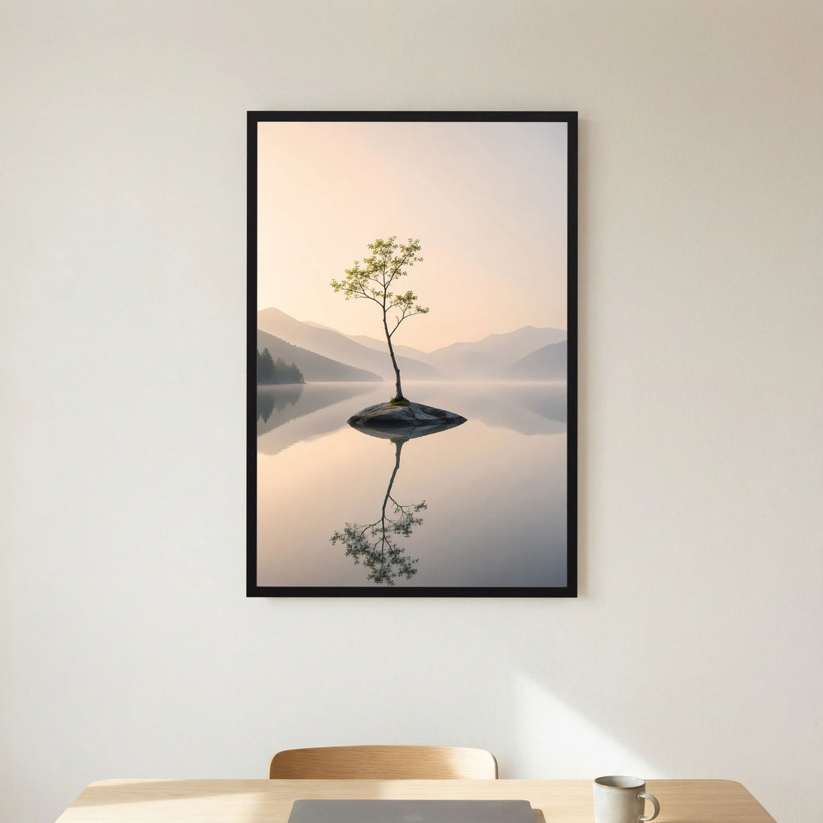 Einsamer Baum im Bergsee | Minimalistische Landschaft mit Spiegelung | Poster Hochformat