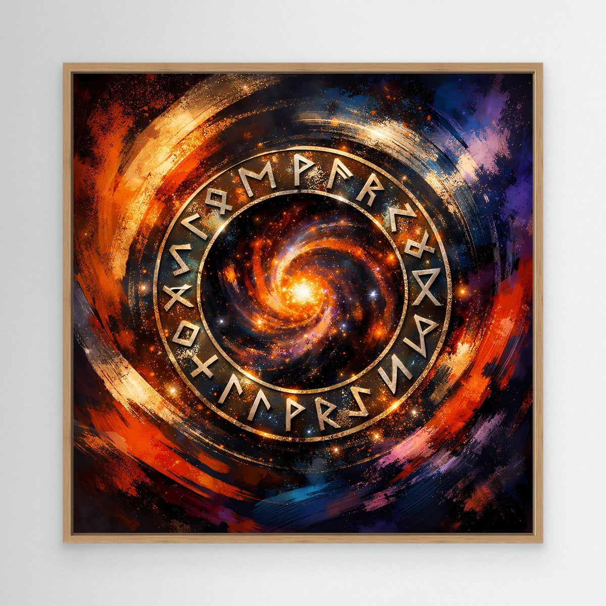 Leinwandbild mit Runenkreis im Kosmos und Galaxie-Design, in hellem Holzrahmen