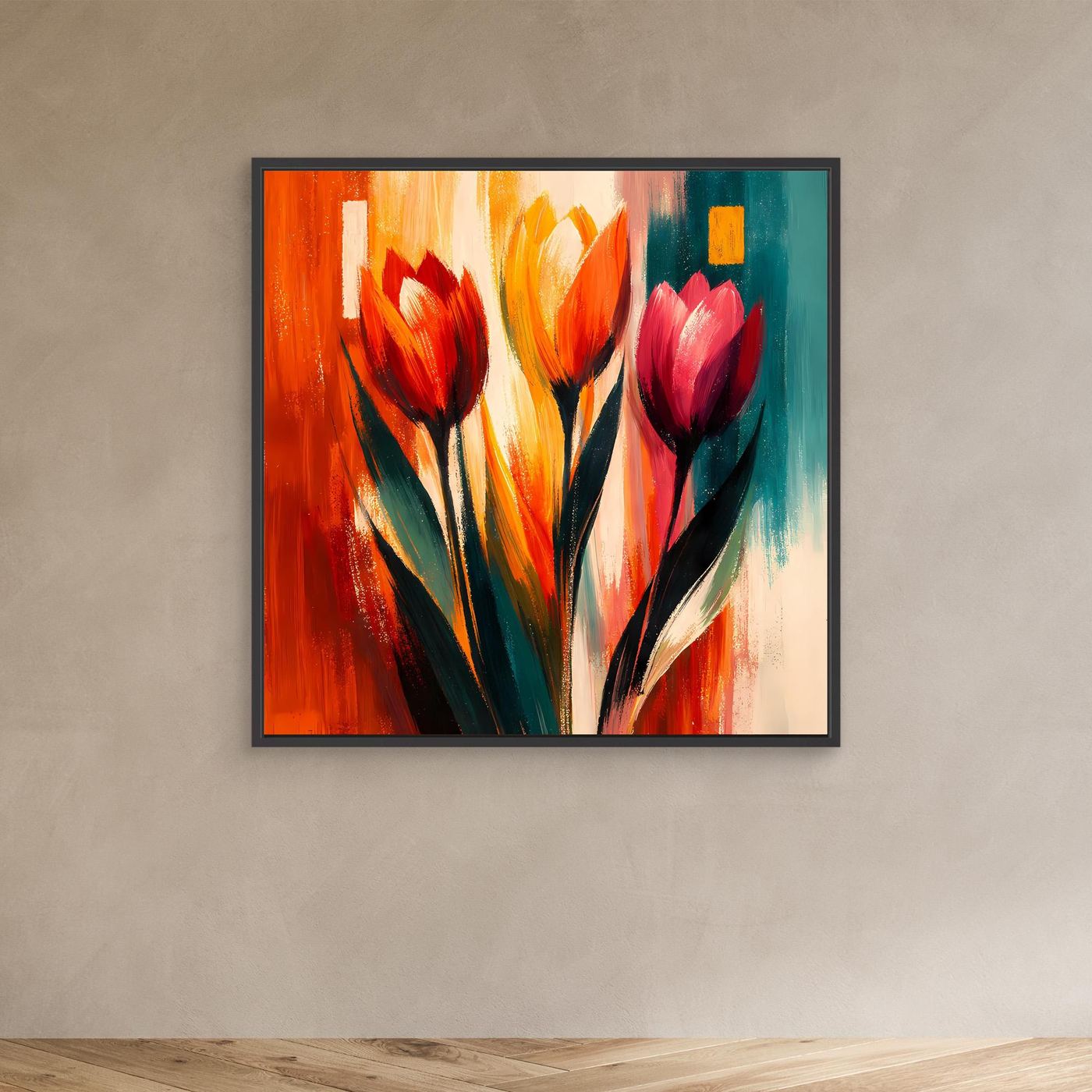 Leinwandbild mit abstrakten Tulpen in bunten Farben, mit dunkelgrauem Rahmen