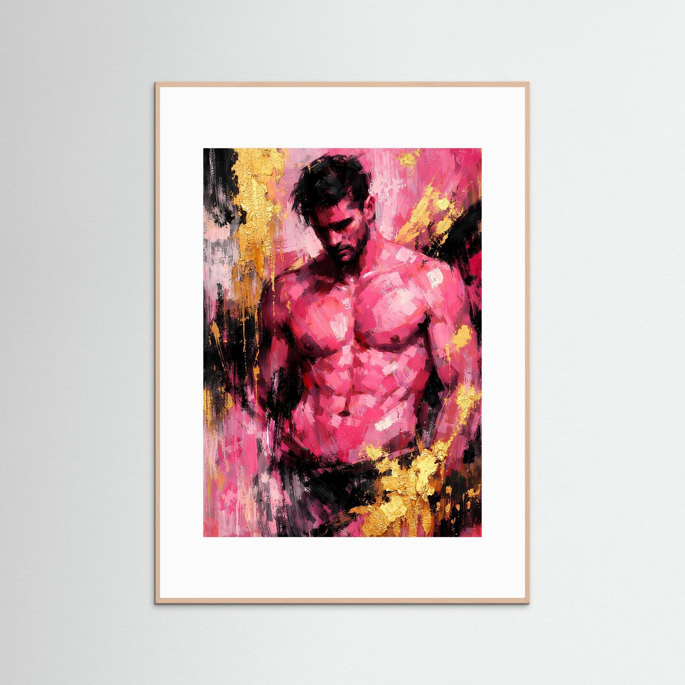 Gerahmtes Poster mit abstrakter Aktfigur in Pink, Schwarz und Gold, weißes Rahmenprofil