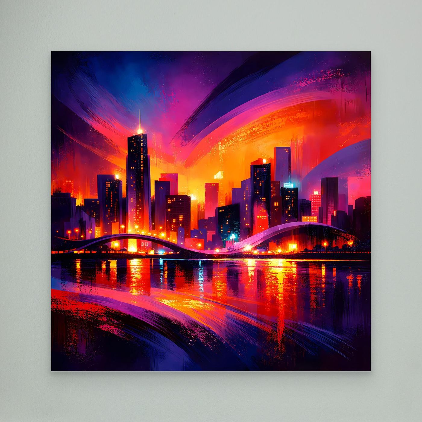 Wandbild auf Leinwand: Neon-Großstadt-Skyline bei Nacht, ohne Rahmen