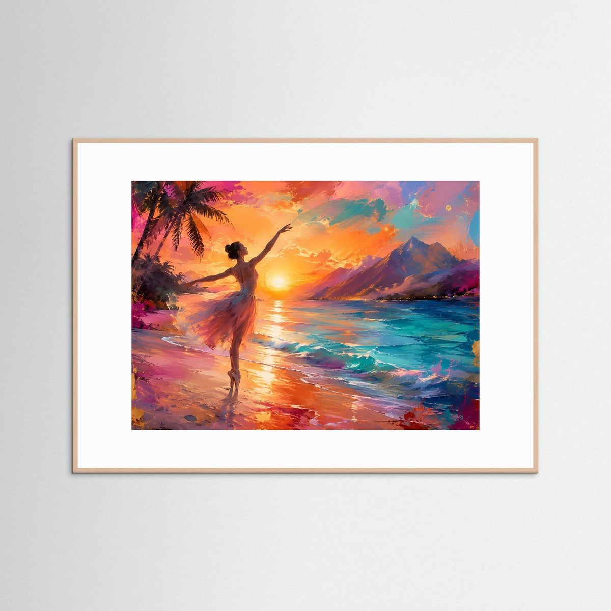 Gerahmtes Poster mit Tänzerin in Silhouette am Tropenstrand bei Sonnenuntergang, hellbraun