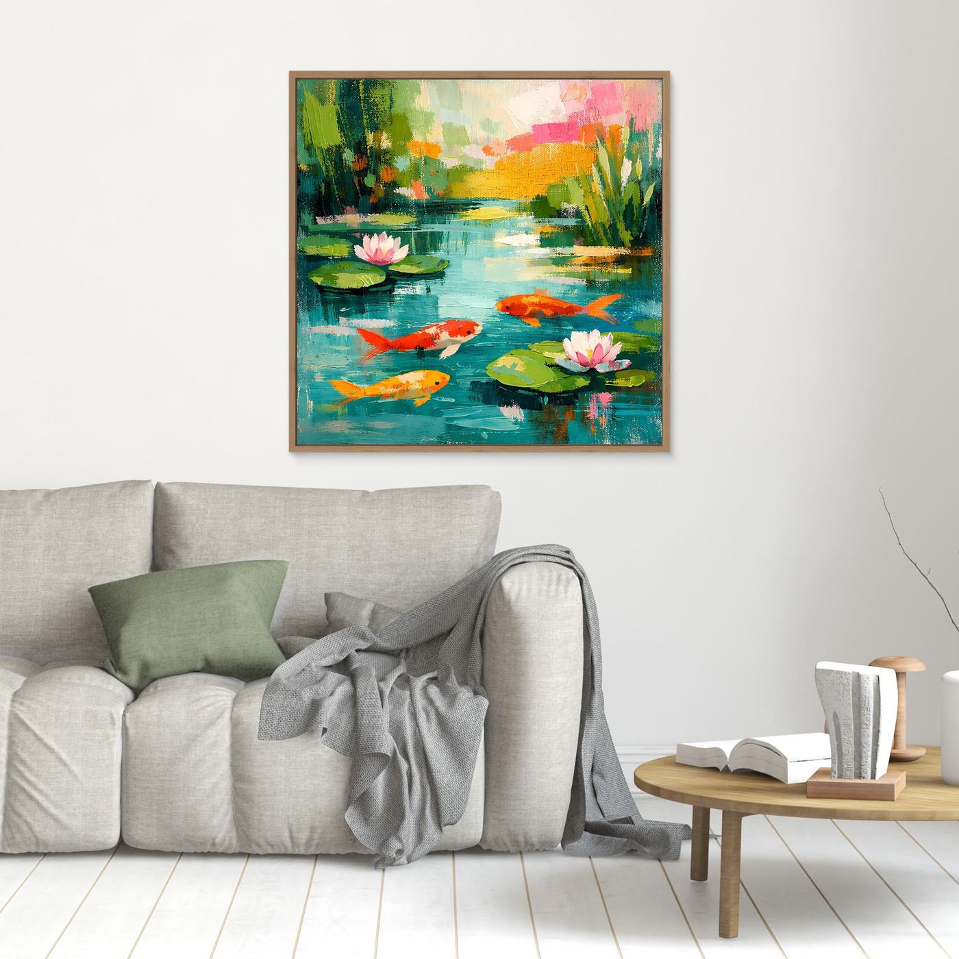 Small oak-framed koi pond wall art with lily pads, pink lotus flowers, and orange koi fish.