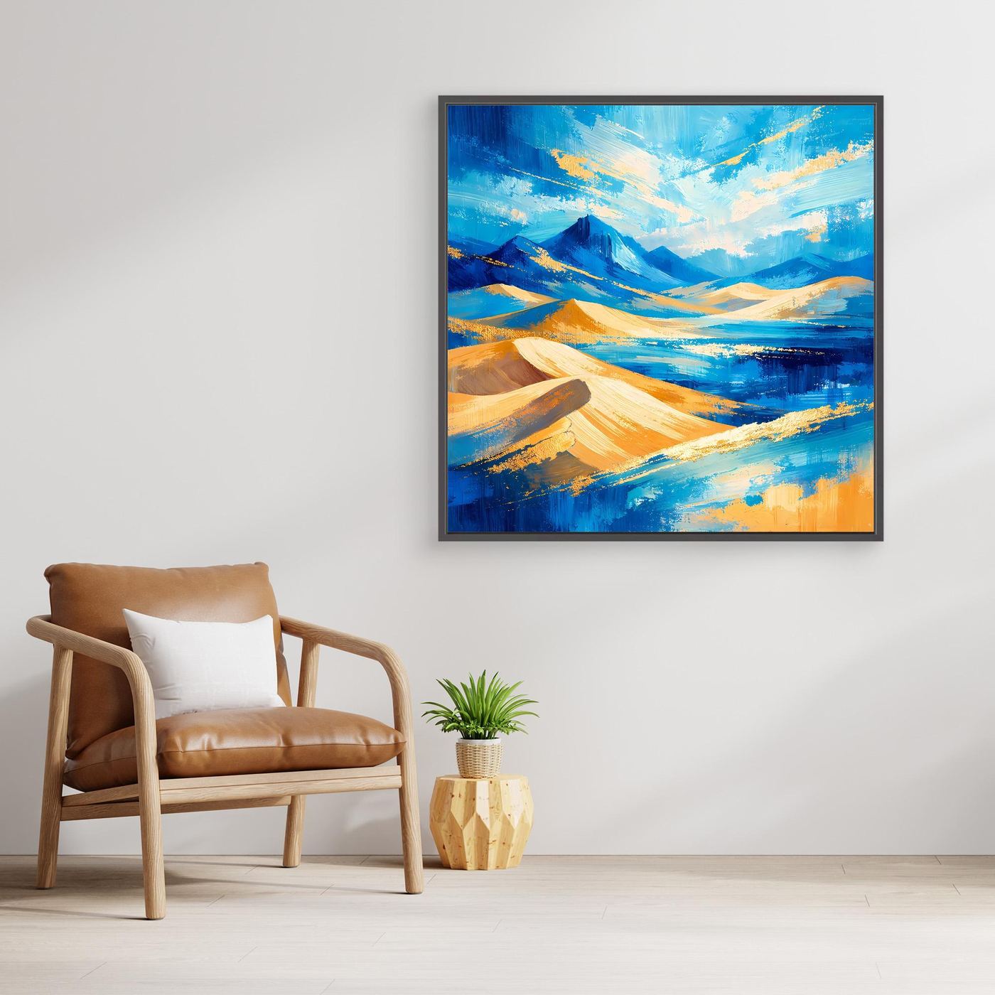Leinwandbild mit Dünen und Gewässer, Blau- und Gelbflächen mit Goldakzenten
