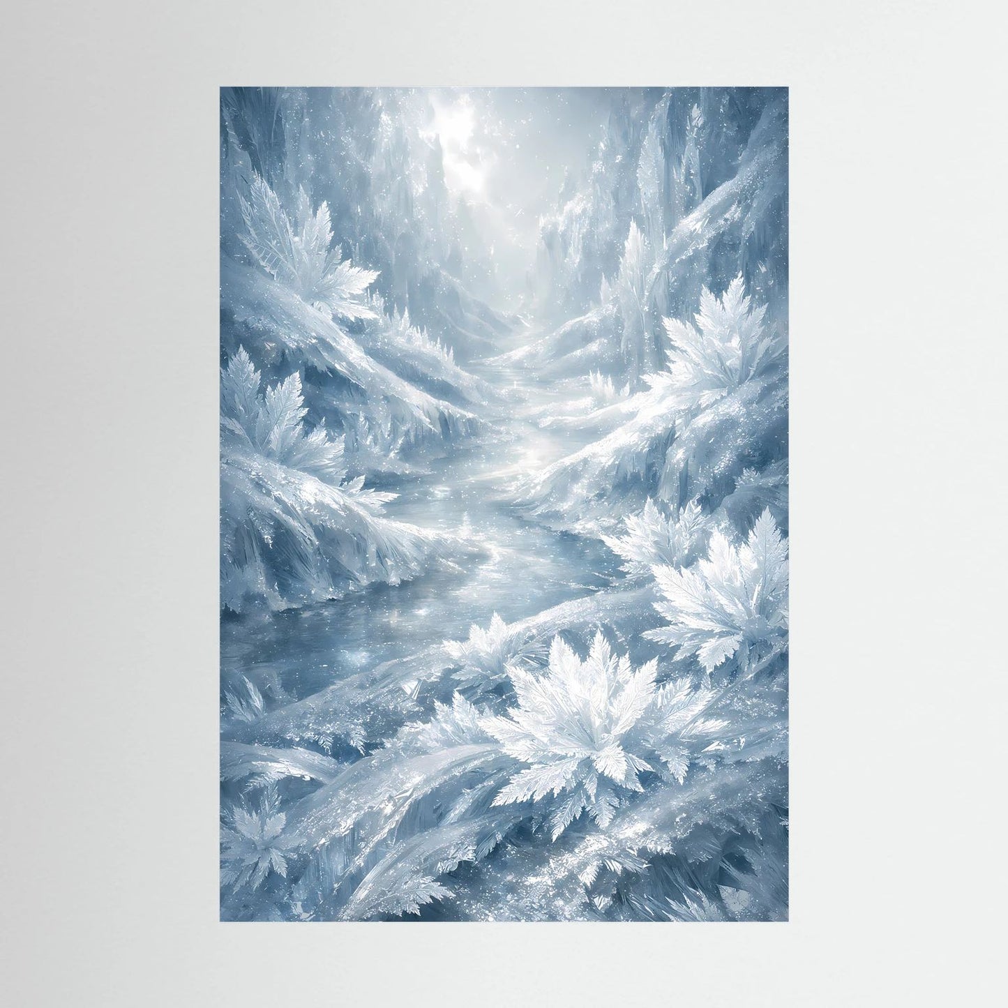 Hochformat-Poster mit gefrorenem Bach und Eiskristallen, winterliche Blautöne