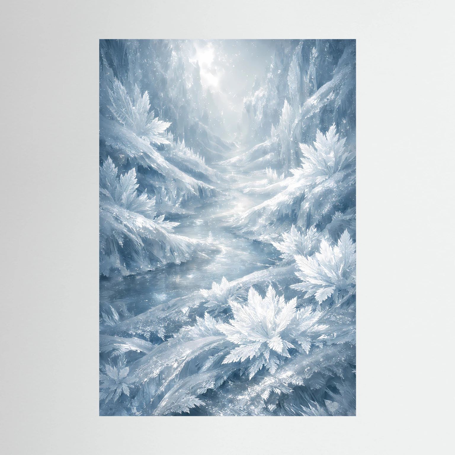Hochformat-Poster mit gefrorenem Bach und Eiskristallen, winterliche Blautöne
