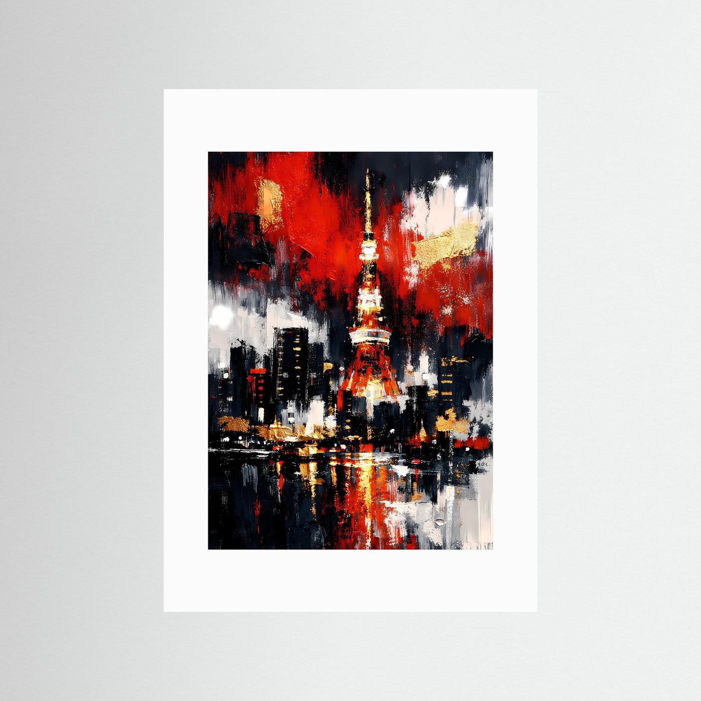 Abstraktes Skyline-Poster mit rotem und goldenem Turm, schwarzer Stadt und Spiegelung; mit weißer Umrandung
