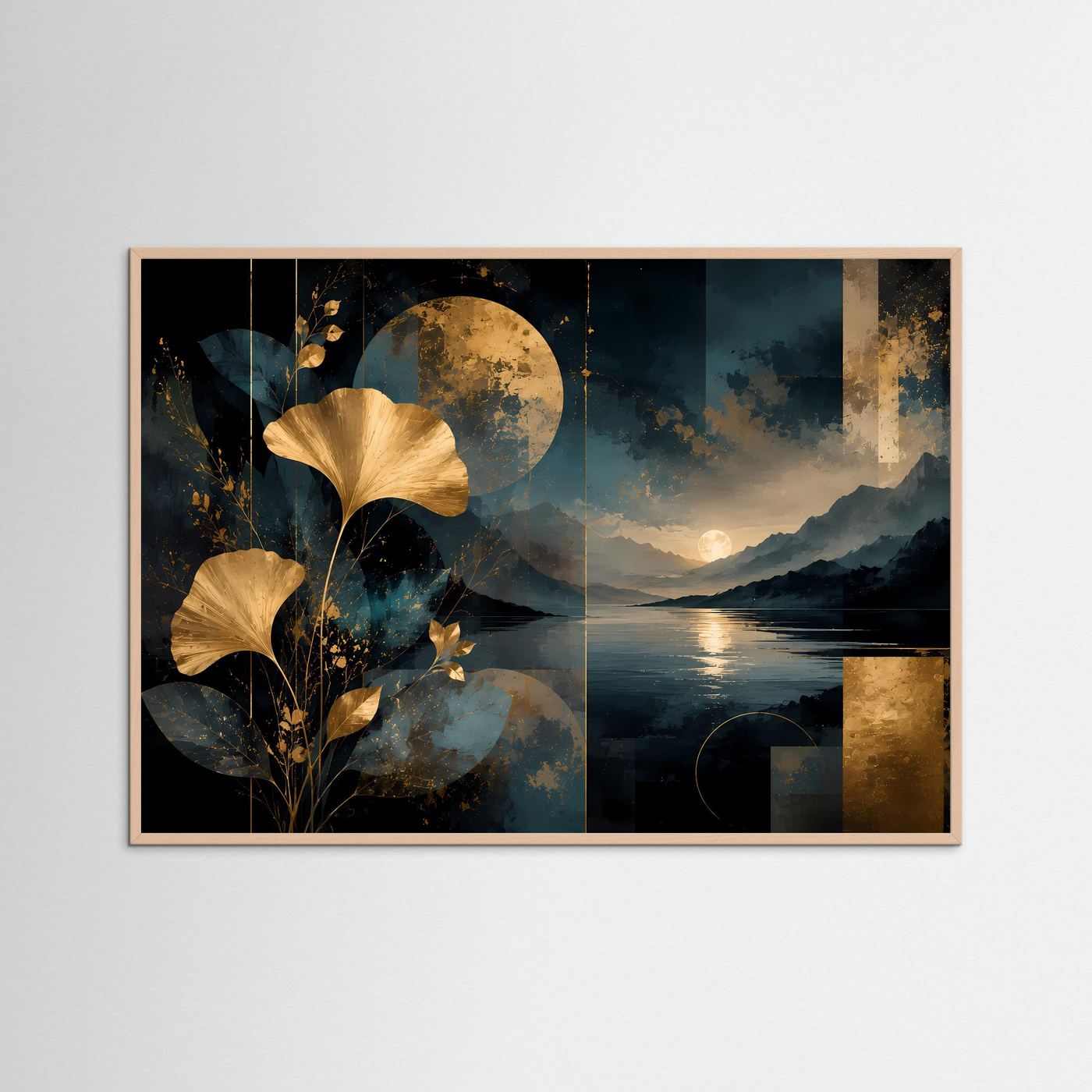 Abstraktes Naturkunst-Poster mit goldenen Ginkgo-Blättern und dunkler See-/Bergszene, brauner Rahmen