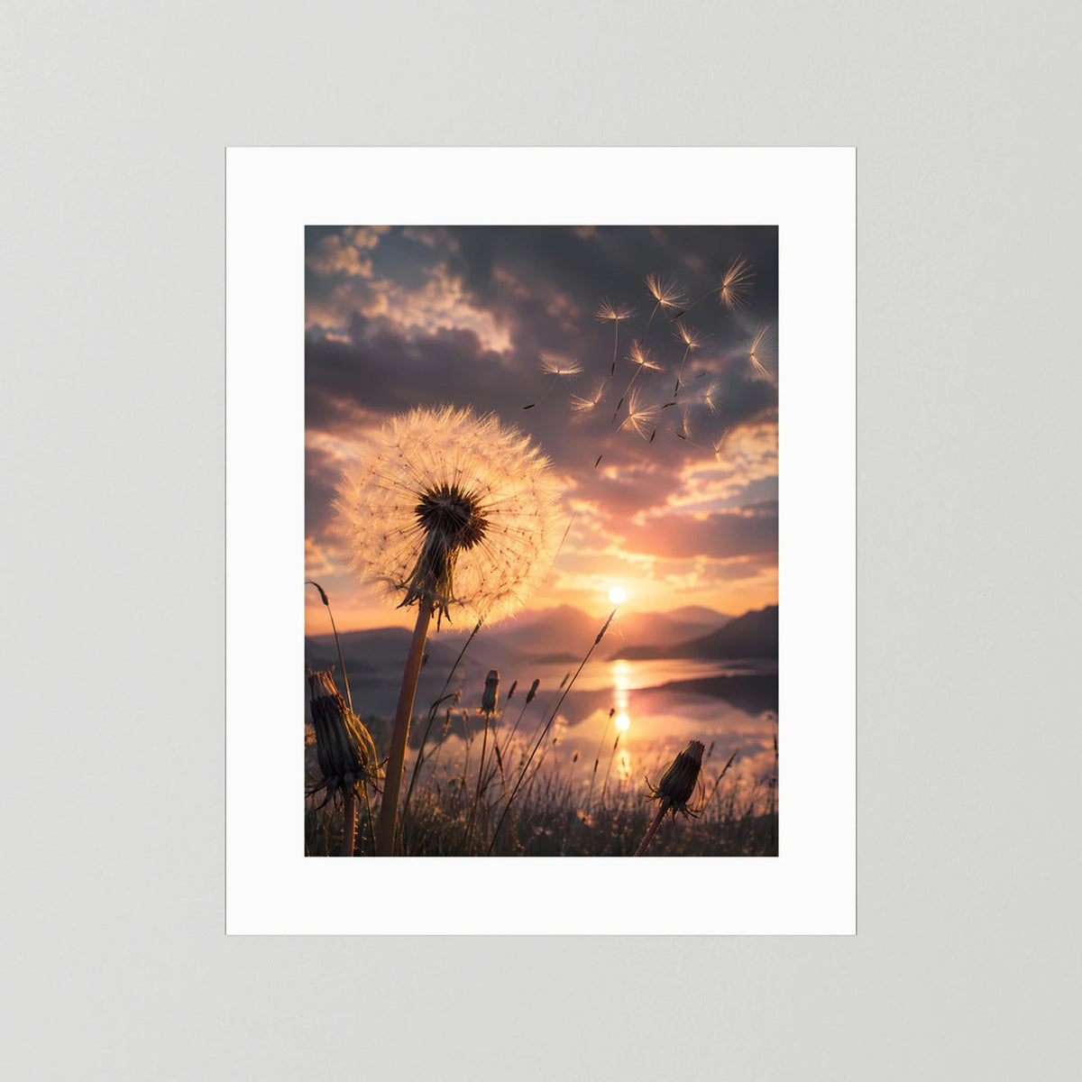 Poster mit Pusteblume im Sonnenuntergang mit weißem Rand, ohne sichtbaren Rahmen