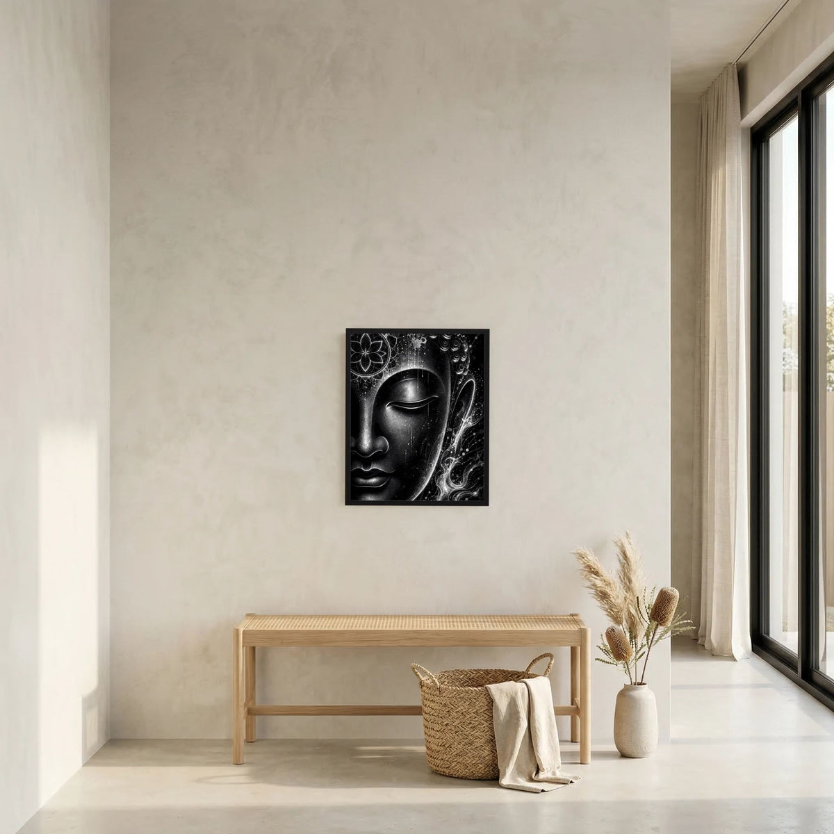 Schwarz gerahmtes Buddha-Poster im Hochformat in Schwarzweiß mit Mandala-Details