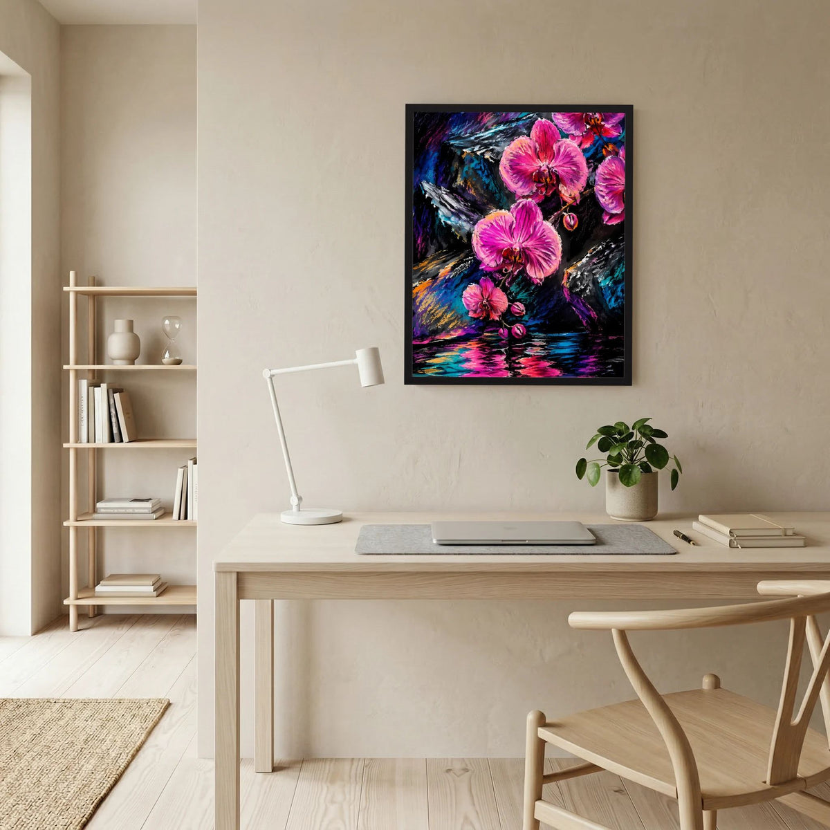 Blumenposter mit schwarzem Rahmen: pinke Orchideen über dunklem blauem Farbgrund