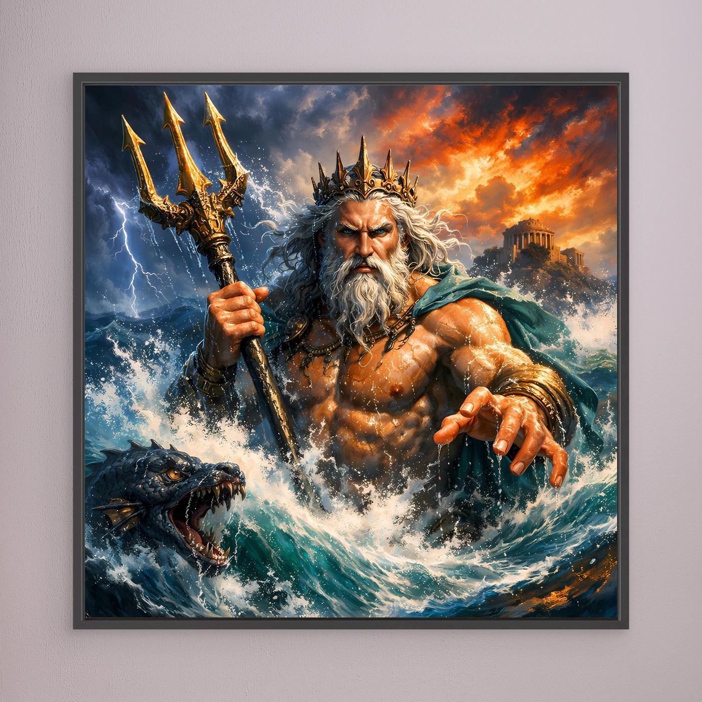 Leinwand Monumentaler Poseidon im Wellenrausch | Mythisches Meeresgott Wandbild