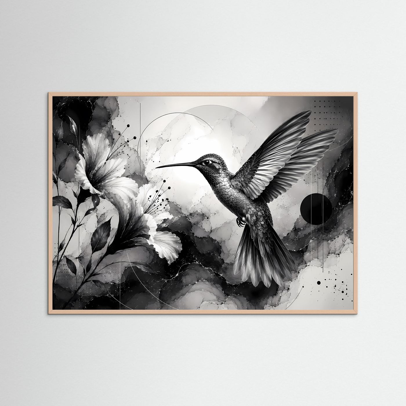 Kolibri Wandbild Schwarz Weiß | Hibiskus Blüten Poster | Moderne Botanische Wandkunst | Minimalistische Vogel Kunst | Leinwand Fine Art