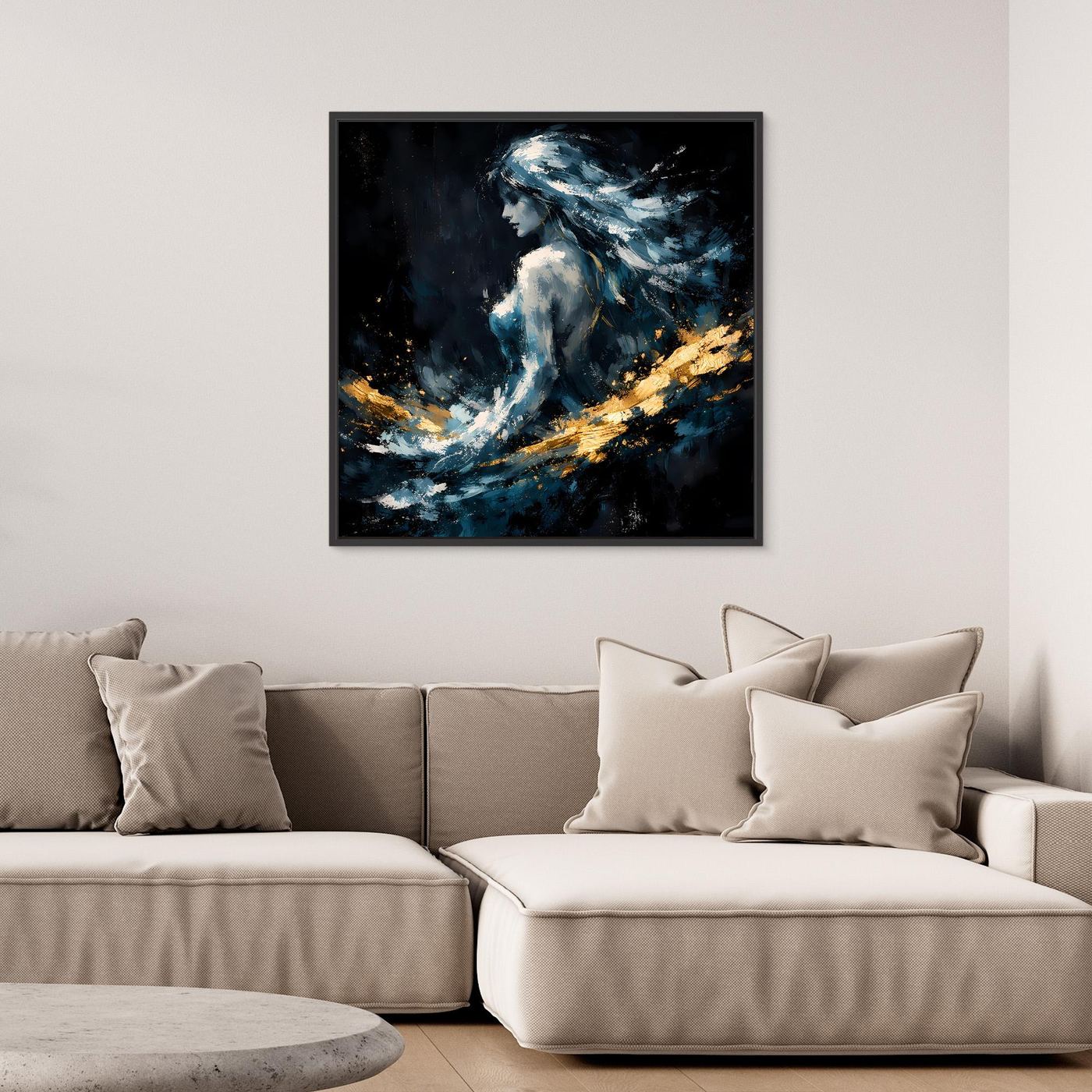 Leinwand Mystische Frauen-Figur in Blau und Gold | Modernes Abstraktes Fantasie Wandbild