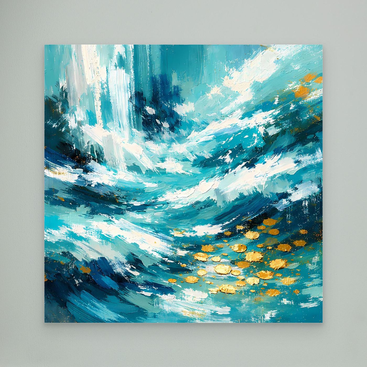 Abstraktes Leinwand-Wandbild ohne Rahmen: türkisfarbene Meereswellen mit goldenen Akzenten