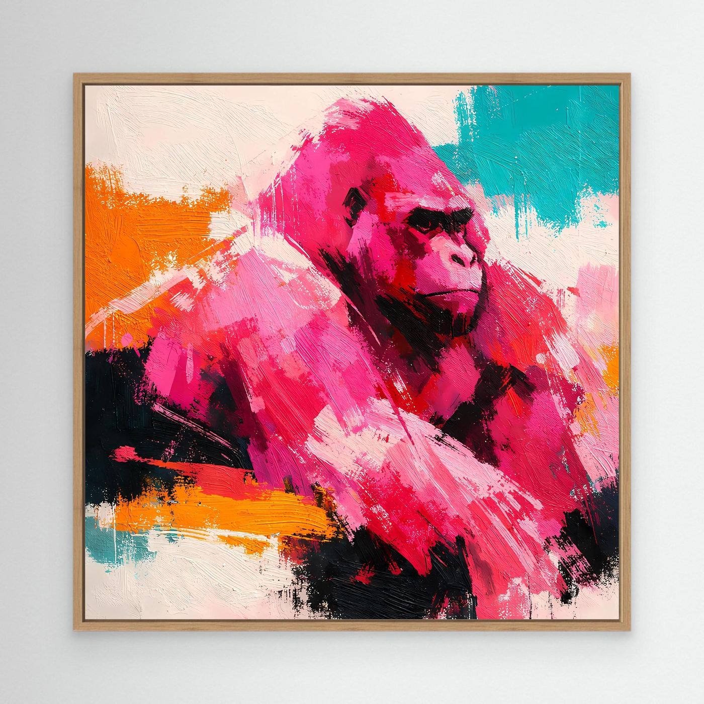 Abstraktes Gorilla-Pop-Art-Leinwandbild im Eichenrahmen mit Pink-, Orange- und Türkisfarben