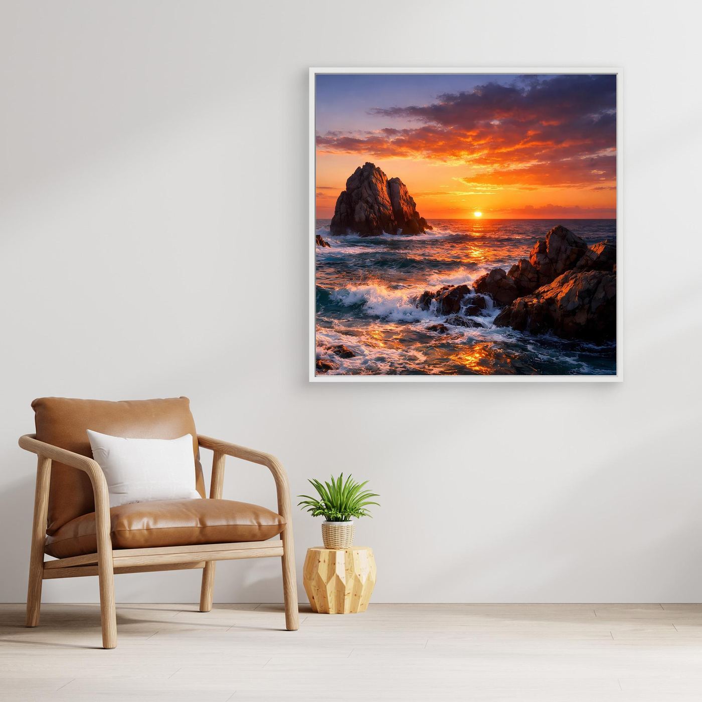 Gerahmtes Leinwandbild mit orangefarbenem Himmel, Meer und Felsen im Vordergrund