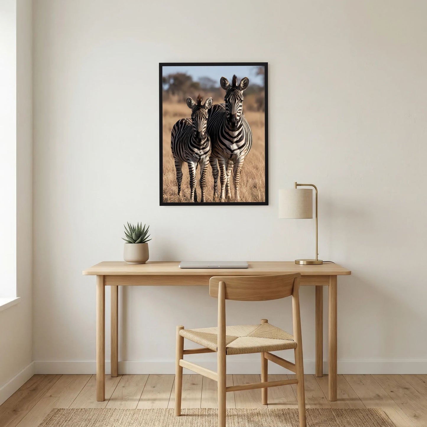 Wandposter mit Zebras (Mutter und Jungtier) im schwarzen Rahmen, hochformatig.