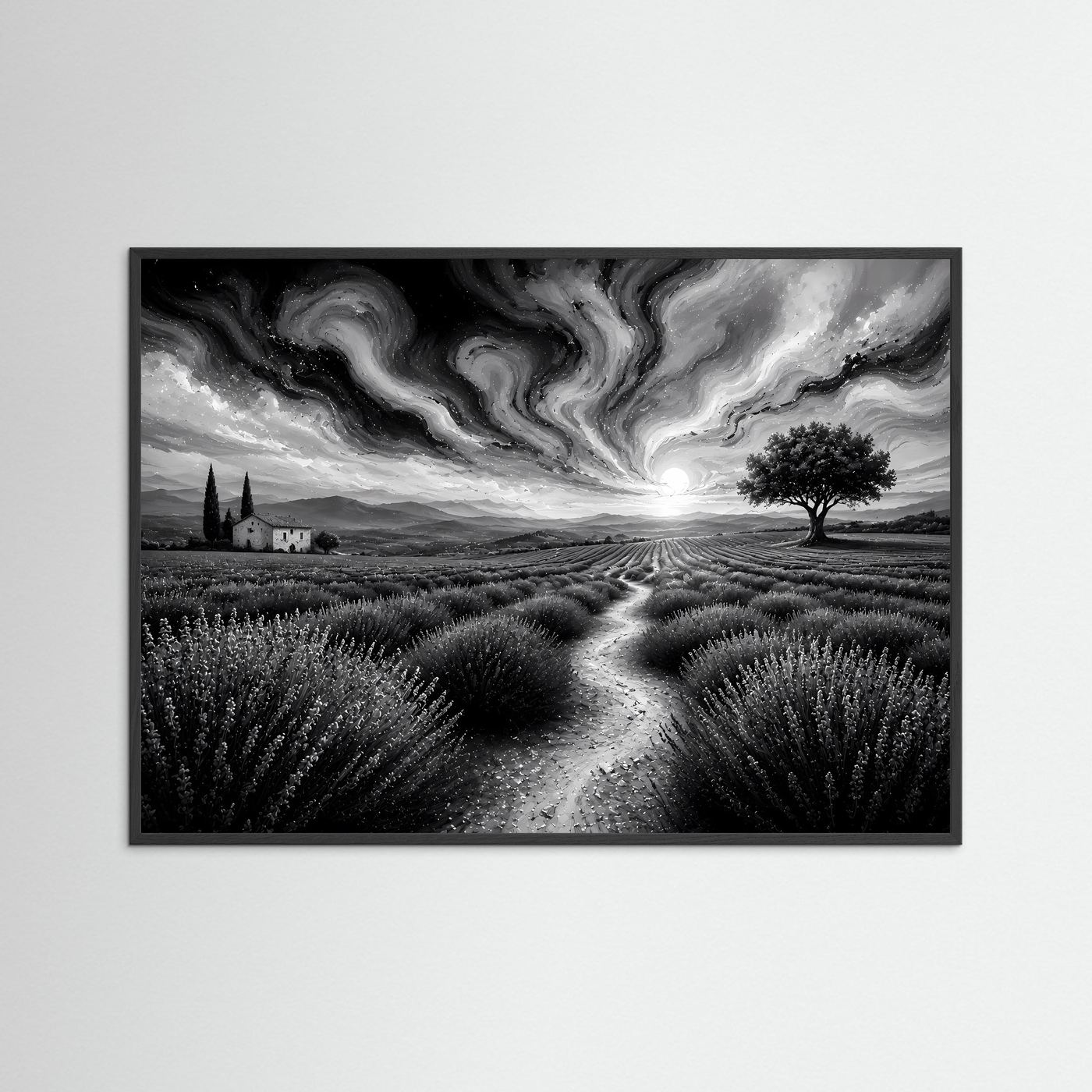 Lavendelfeld in Schwarz-Weiß | Abstrakte Landschaft mit dramatischem Himmel