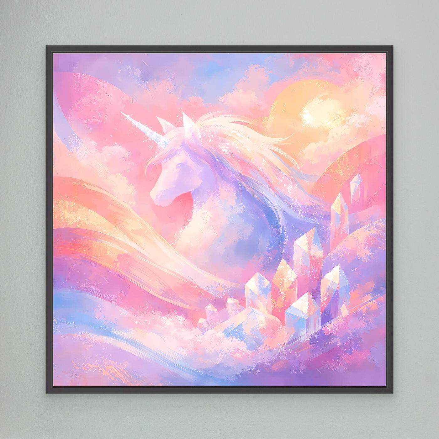 Leinwandbild mit Einhorn-Motiv in Pastellfarben, mit schwarzem Rahmen