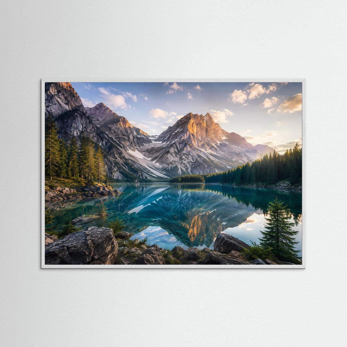 Bergsee-Poster im Querformat mit weißem Holzrahmen und Spiegelung im Bergsee