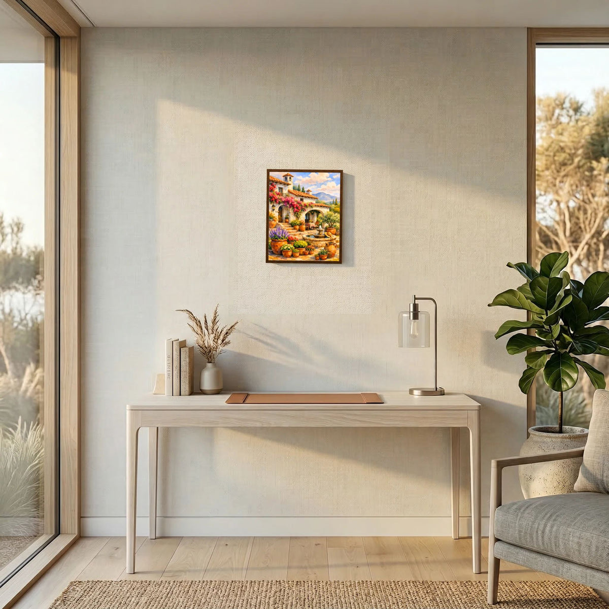 Wand-Kunstposter im Hochformat mit mediterranem Innenhof, Blumen und Brunnen, schwarzer Rahmen
