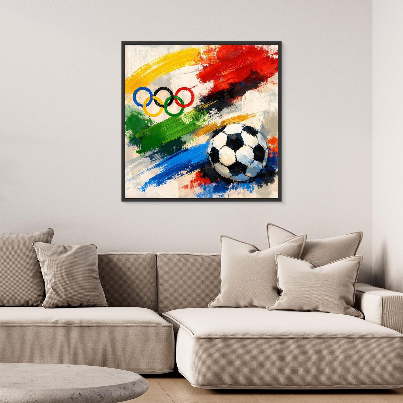Leinwandbild mit abstraktem Fußball und Olympischen Ringen, schwarzer Rahmen