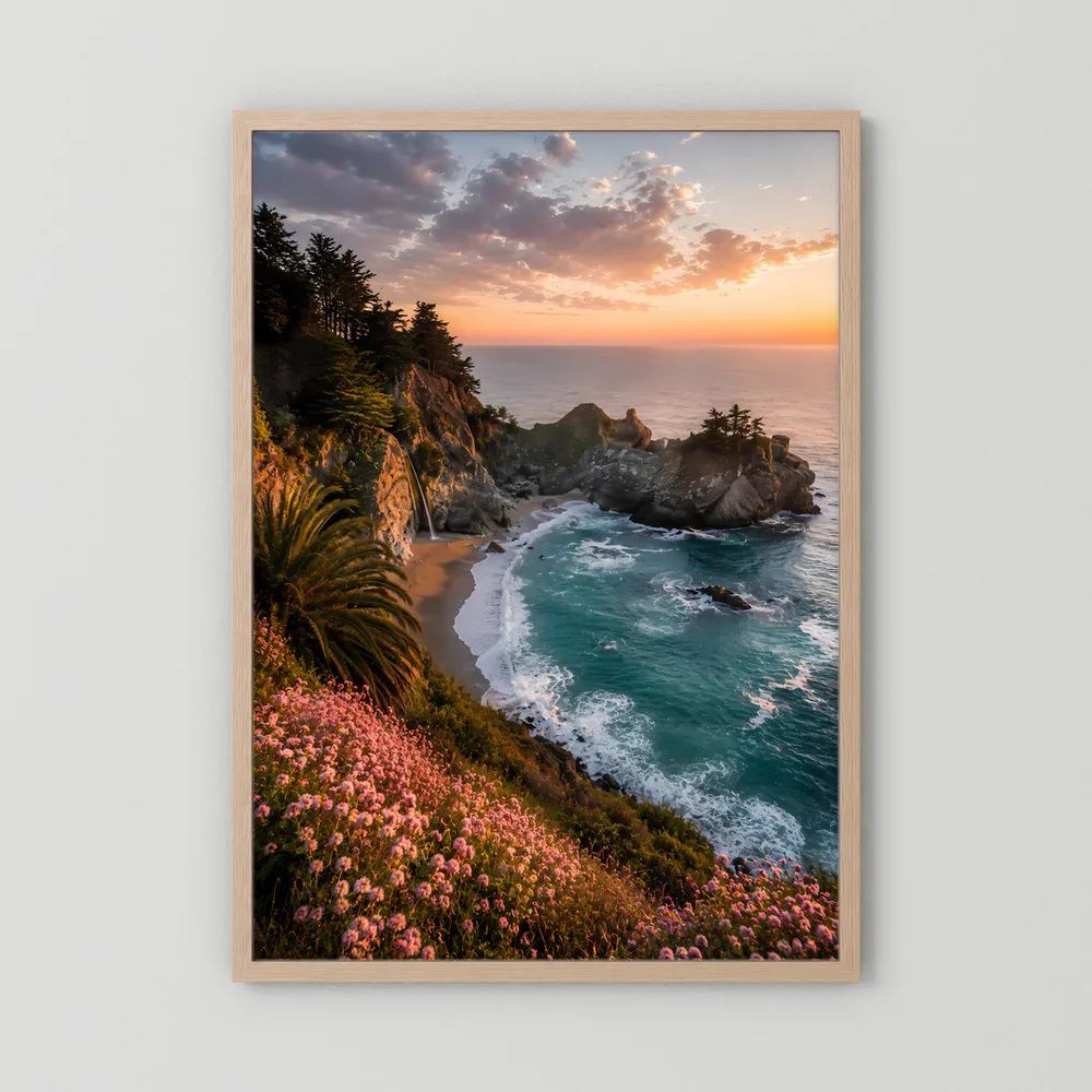 Kunstposter Hochformat mit Holzrahmen: Felsküste mit türkisblauem Meer, Blumen, Sonnenuntergang
