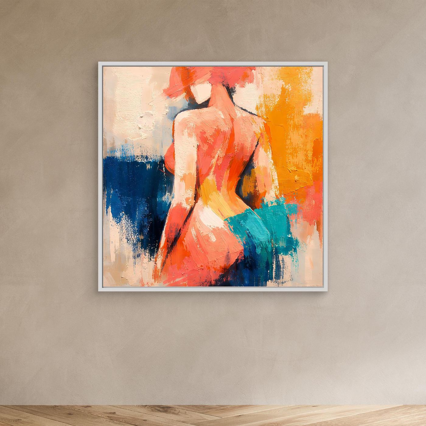 Small abstract white-framed canvas wall art of a nude woman from behind with orange, teal, blue